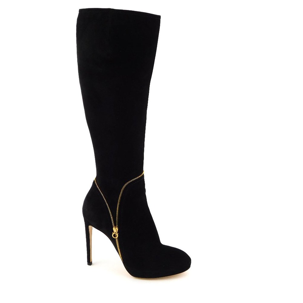 FERRAGAMO Logo Zipper Accent Black Suede Leather Platform Heel Boots 6.5